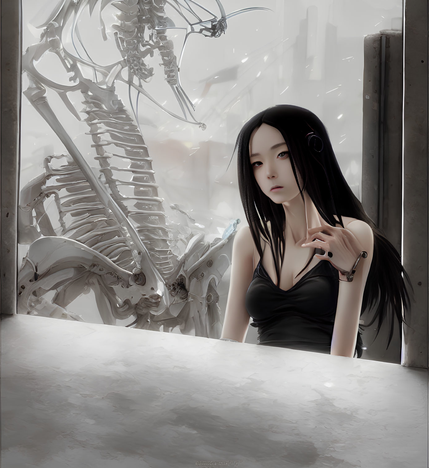 Woman with Long Black Hair Sitting by Dragon Skeleton in Industrial Setting