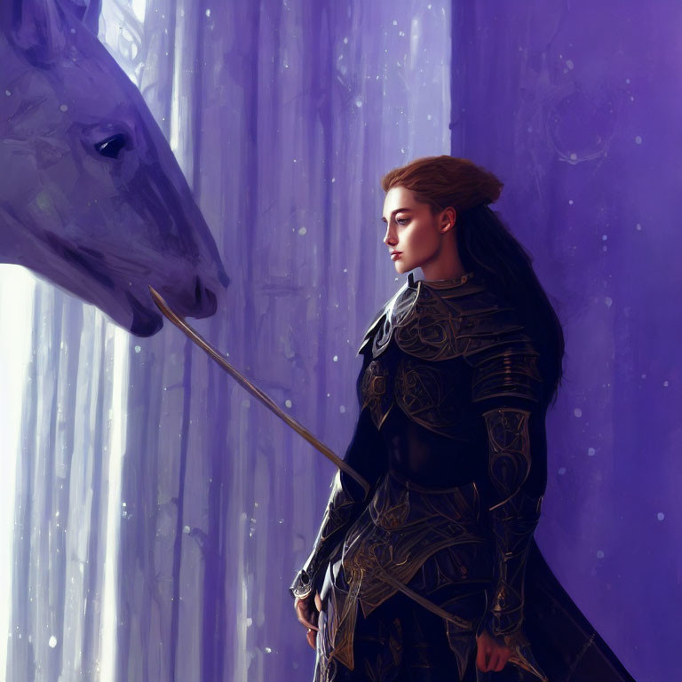 Armored warrior and horse in mystical purple forest setting