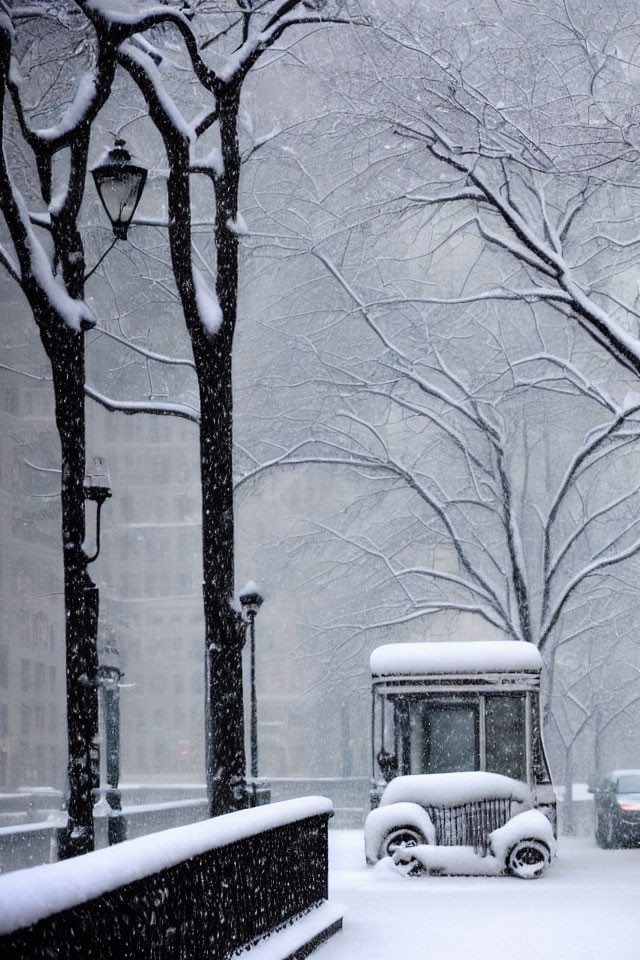 Snow-covered trees, bench, street lamp, and food cart in city park during heavy snowfall