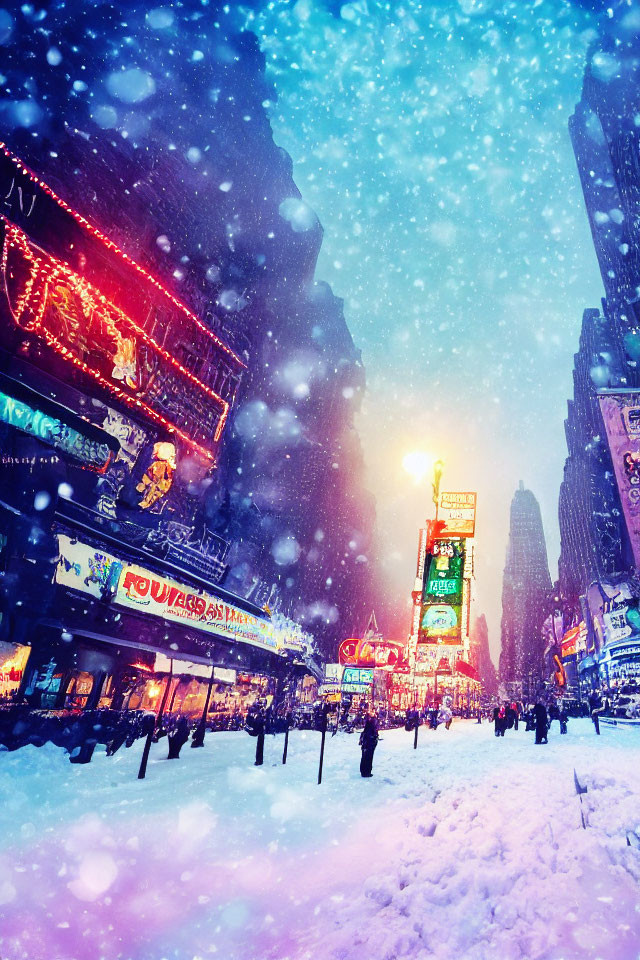 Snow-covered city street at night with neon signs and pedestrians