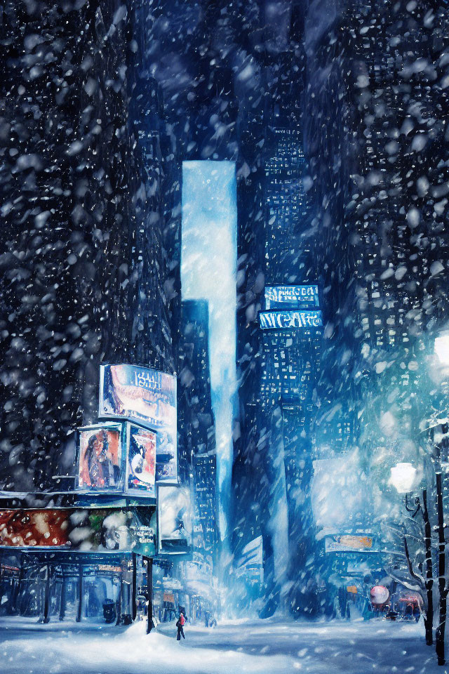 Snowy City Night with Illuminated Billboards and Solitary Figure