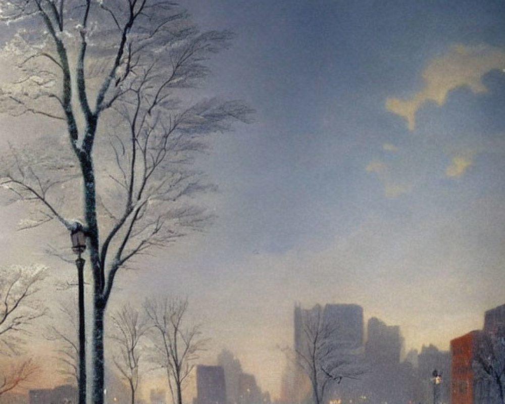 Wintry urban scene with snow, bare trees, and twilight sky