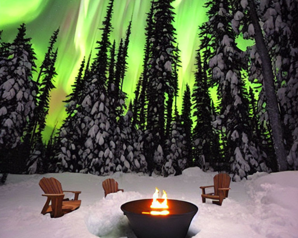 Snowy trees and chairs around fire pit under aurora borealis