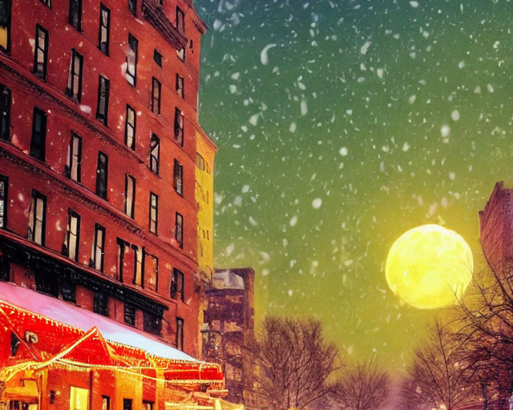 Snowfall night scene: city street, people walking, illuminated buildings, large moon in sky