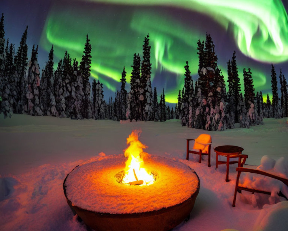 Majestic aurora borealis over snowy landscape with fire pit and chairs