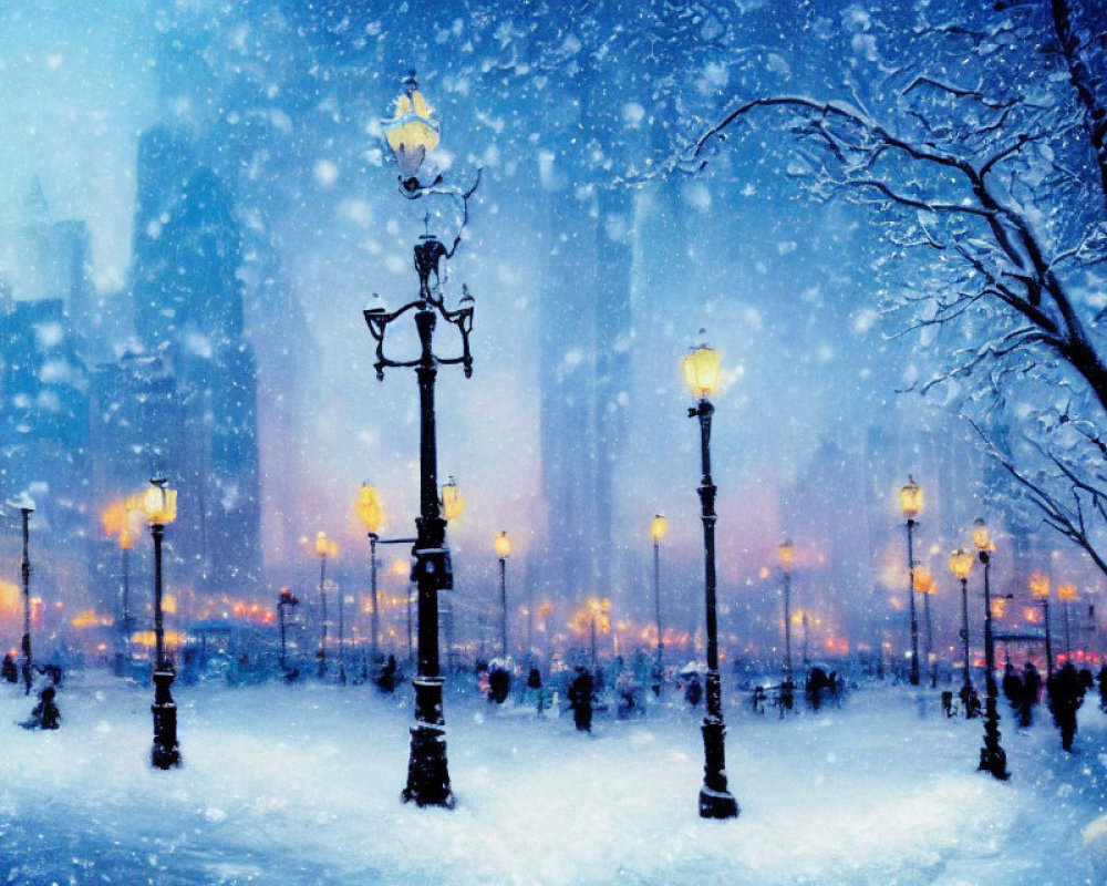 Snowy urban park scene: Twilight with glowing street lamps, silhouetted people in winter wonder