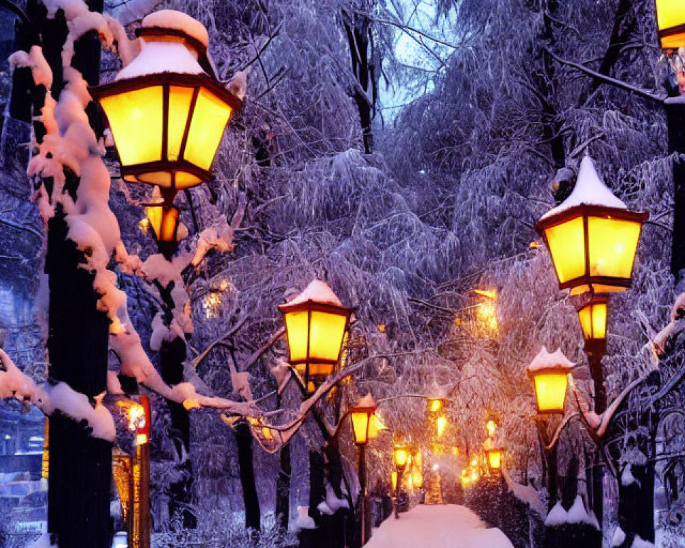 Snowy Twilight Scene with Glowing Street Lamps and Snow-Covered Trees
