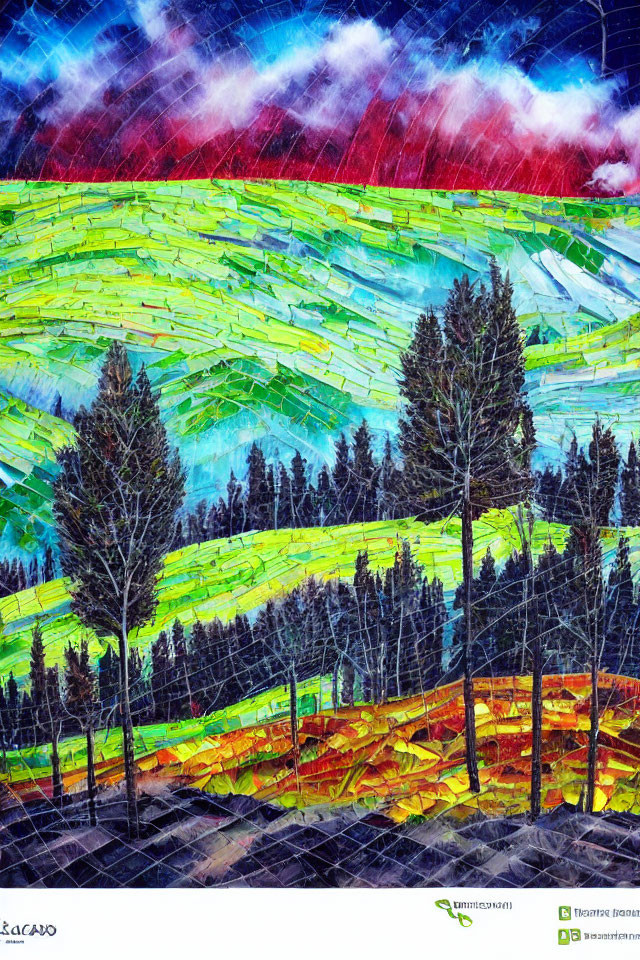 Colorful expressionist painting of trees, sky, and fields