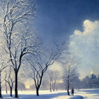 Wintry urban scene with snow, bare trees, and twilight sky