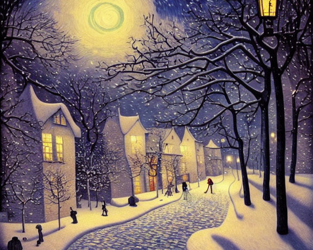 Winter Night Scene: Glowing Moon, Snowy Pathways, Silhouetted Figures