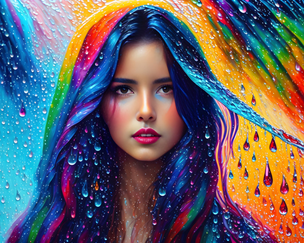 Colorful digital artwork of woman with multicolored hair under rain-streaked umbrella