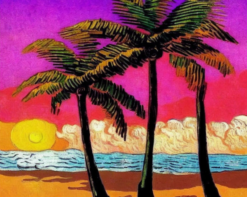 Colorful sunset beach painting with palm trees in purple and orange hues