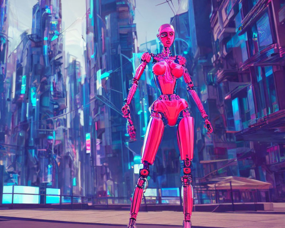 Pink humanoid robot in futuristic city with neon-lit buildings