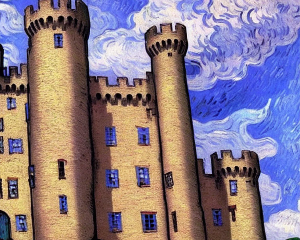 Medieval castle with tall towers in Van Gogh style