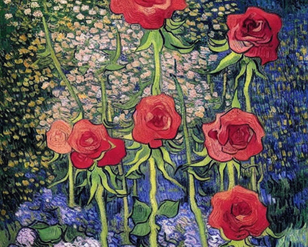 Colorful post-impressionist painting of six red roses with green foliage