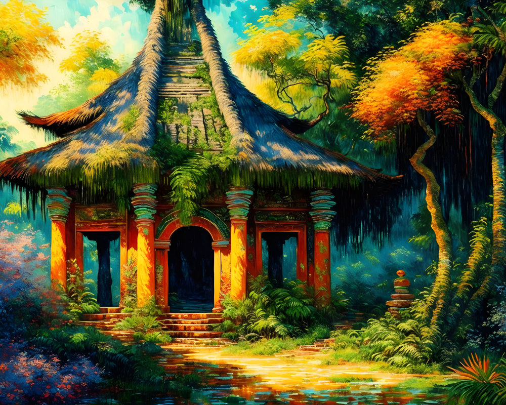 Tranquil painting of a thatched-roof gazebo in lush forest