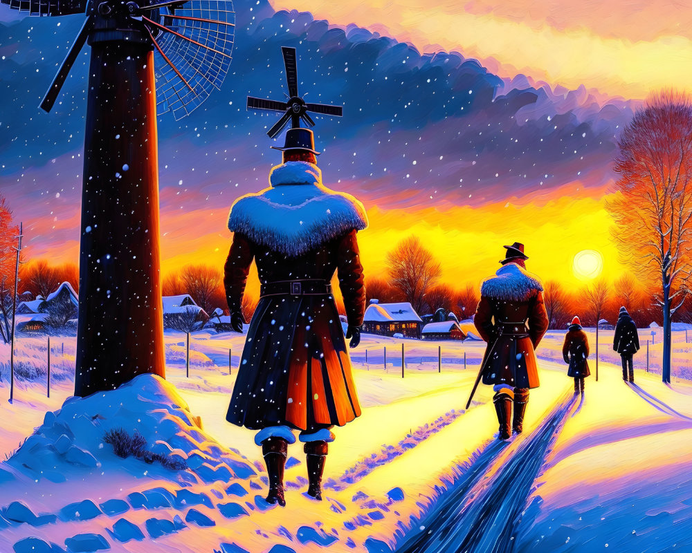 Traditional Dutch attire walking on snowy path with windmills at sunset