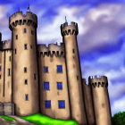 Medieval castle with tall towers in Van Gogh style