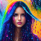 Colorful digital artwork of woman with multicolored hair under rain-streaked umbrella