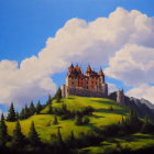 Castle on Hill: Vibrant Painting with Swirling Sky