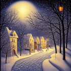 Winter Night Scene: Glowing Moon, Snowy Pathways, Silhouetted Figures