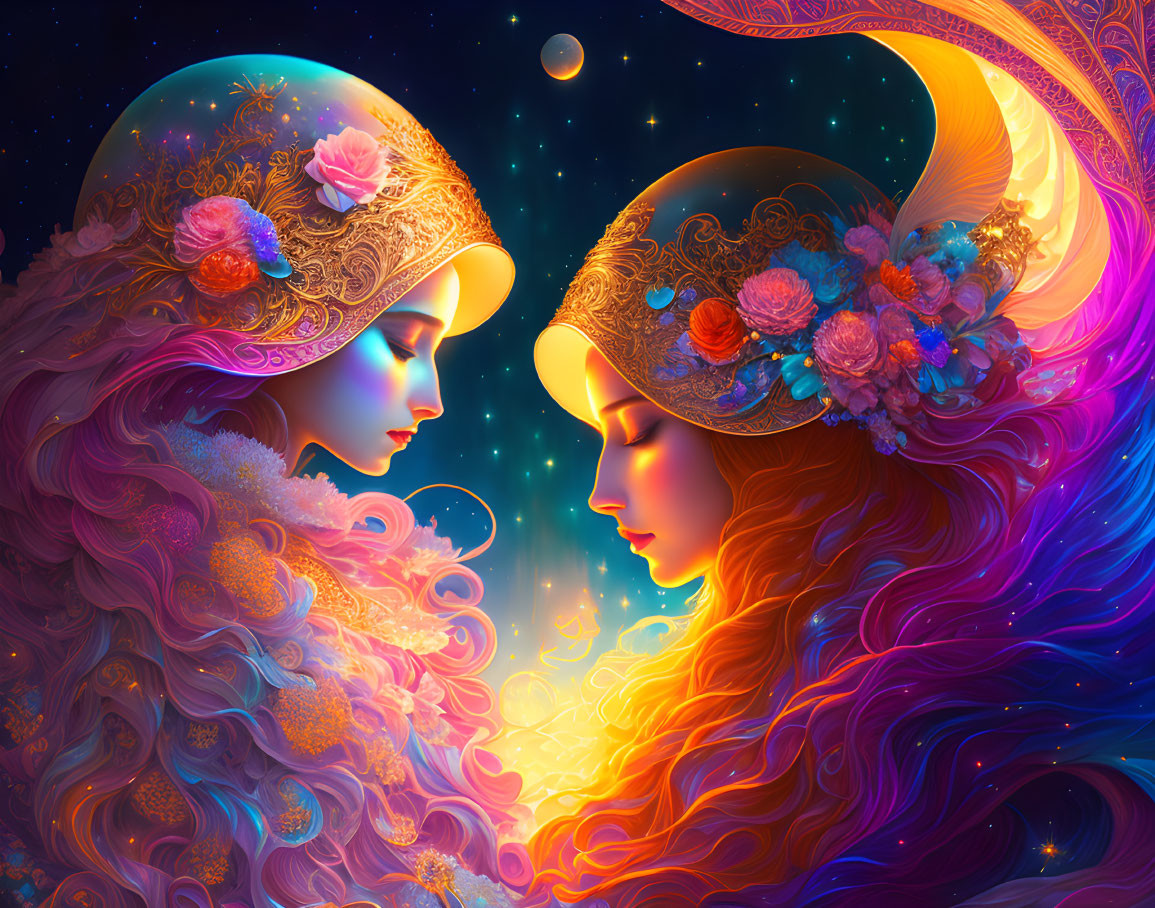 Stylized women with cosmic headpieces against celestial backdrop
