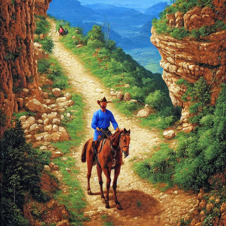Blue-shirted rider on brown horse navigating rocky path between cliffs.