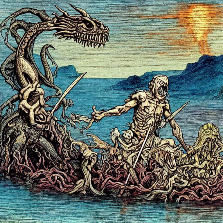 Skeleton Warrior vs. Monstrous Dragon in Sunset Seascape