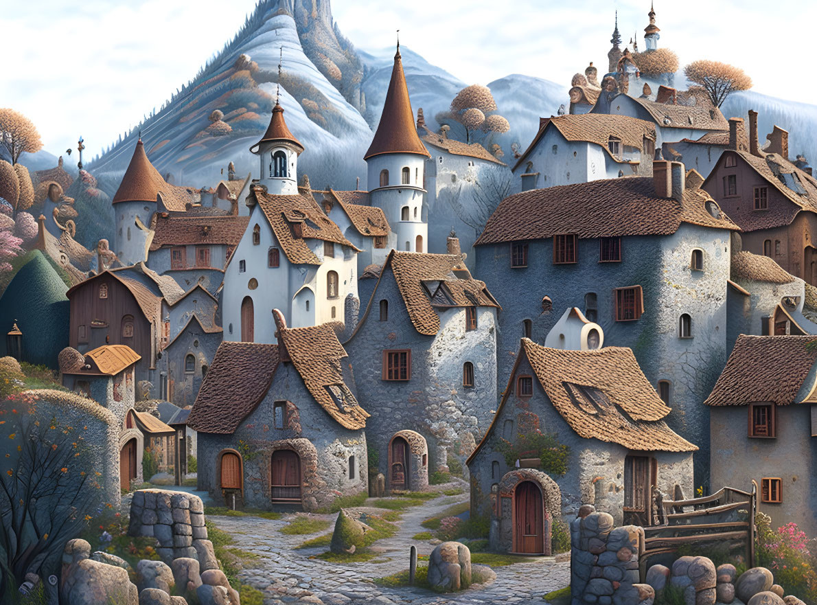 Fantasy village with stone houses, thatched roofs, and castles set in scenic landscape