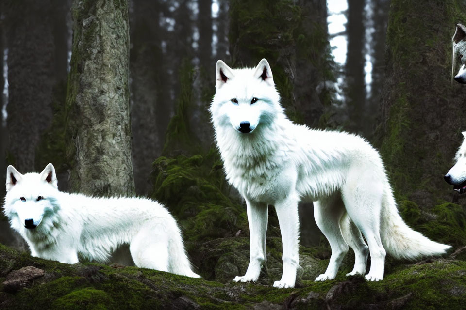 Four White Wolves with Piercing Blue Eyes in Misty Forest