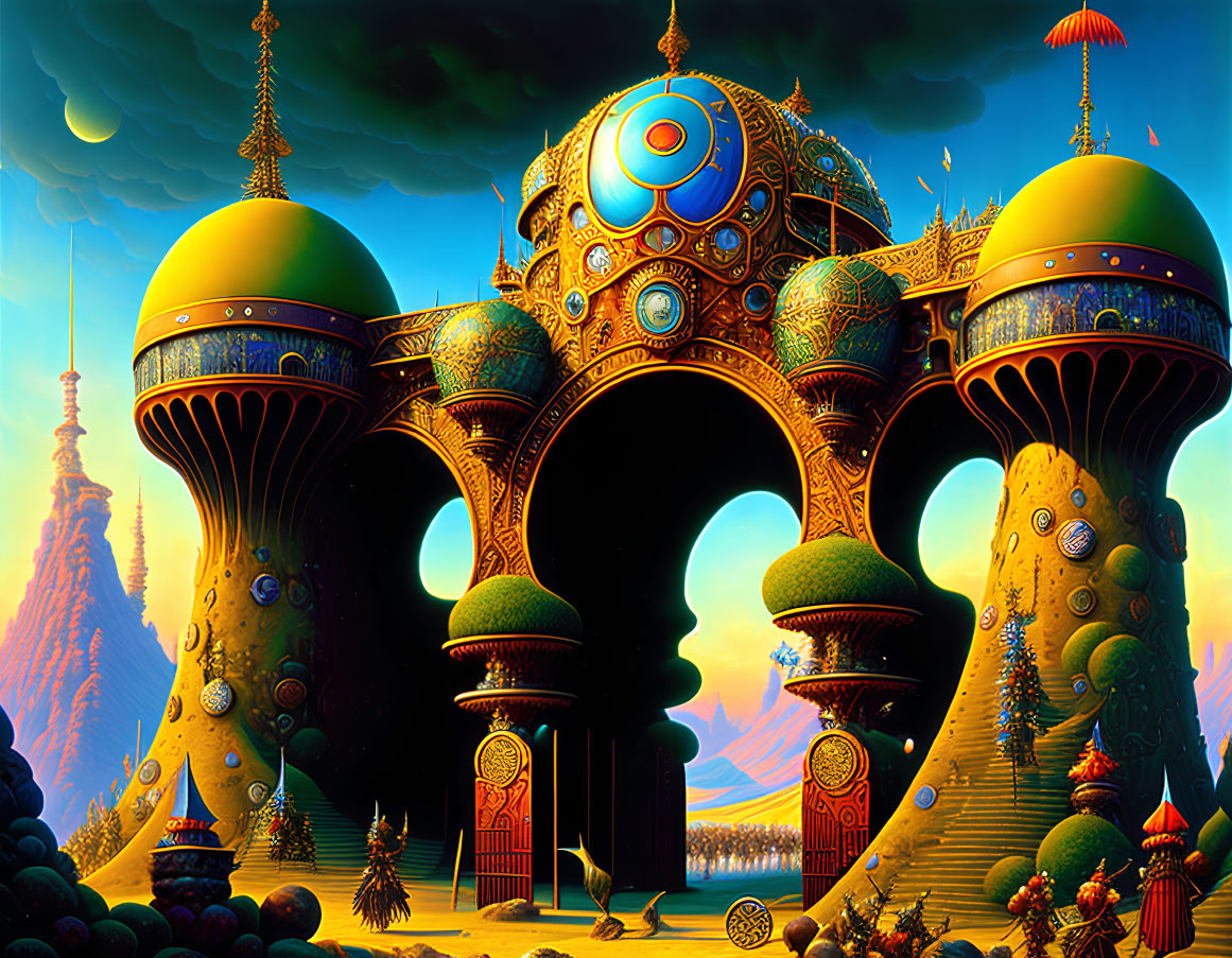 Fantastical Ornate Structure with Domes and Arches in Vibrant Landscape