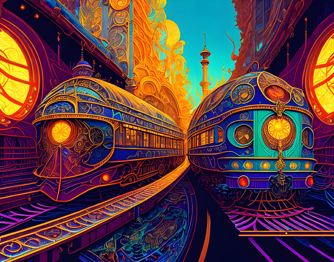 Detailed digital artwork of futuristic trains at ornate station