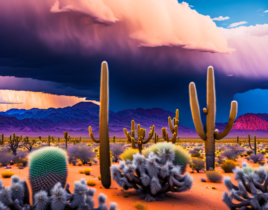 Dramatic desert landscape with towering cacti and stormy sky