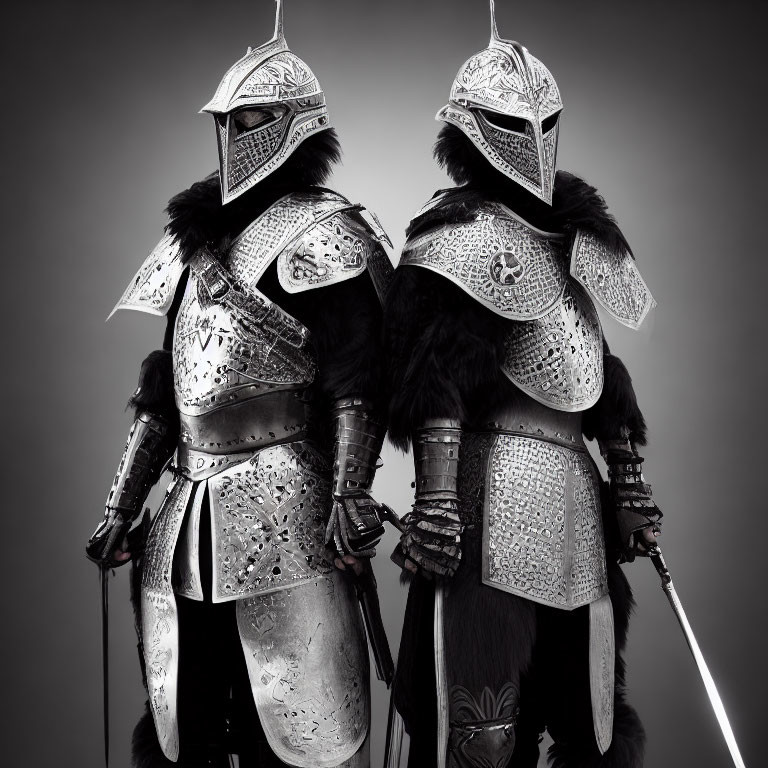 Two knights in ornate armor with fur cloaks and swords on grey background