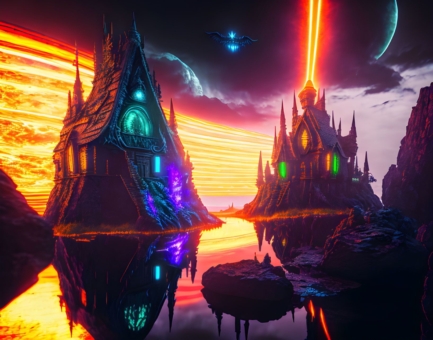 Fantasy landscape with neon structures, moonlit sky, and flying creature