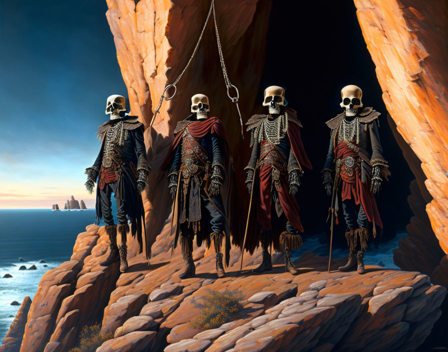 Skeletal pirate figures on cliff with ocean view and ships