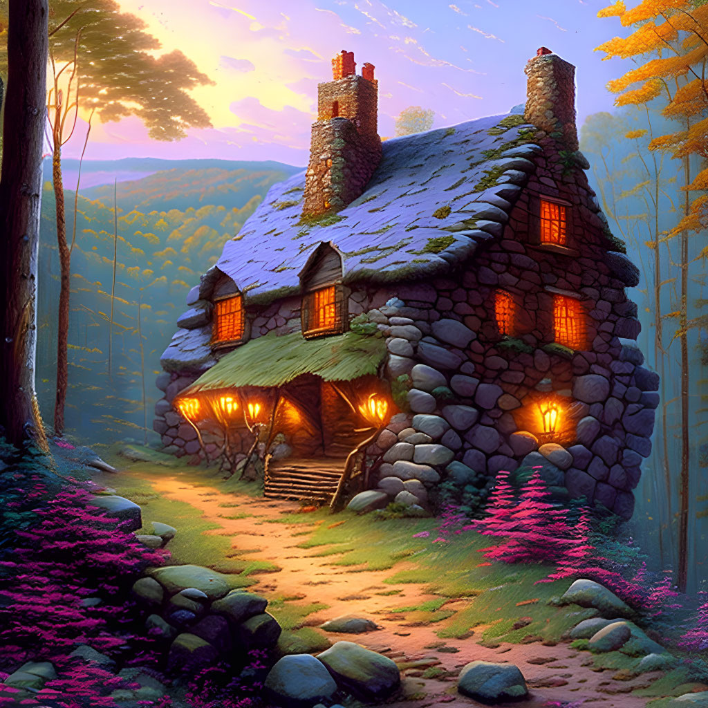 Stone cottage in serene forest with glowing windows at dusk