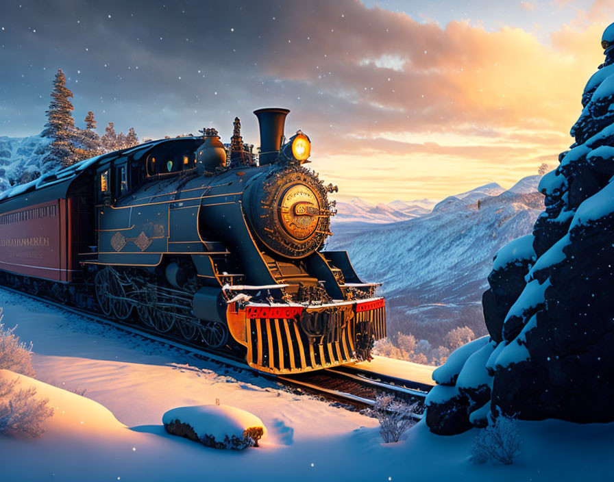 Snowy Sunset Scene: Vintage Train, Mountains, Snow-Covered Trees
