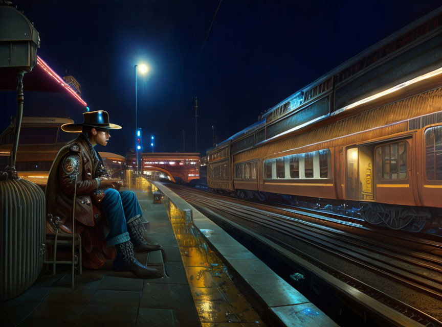 Person in trench coat and fedora with vintage suitcase at night train station.