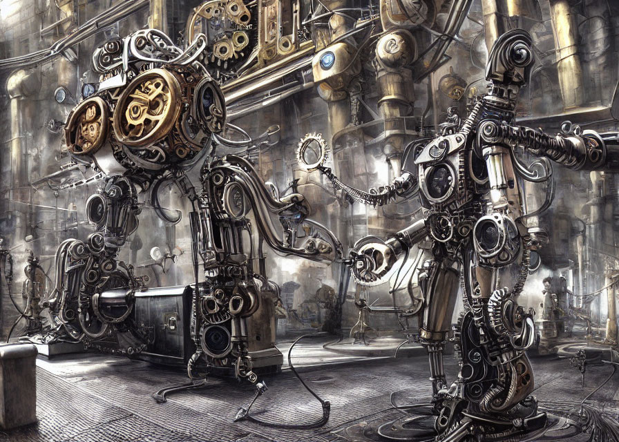 Steampunk-style robots with exposed gears in industrial setting