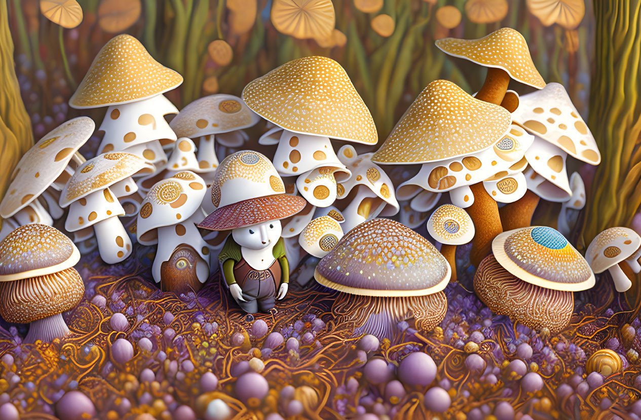 Colorful Fantasy Forest Illustration with Tiny Character and Oversized Mushrooms