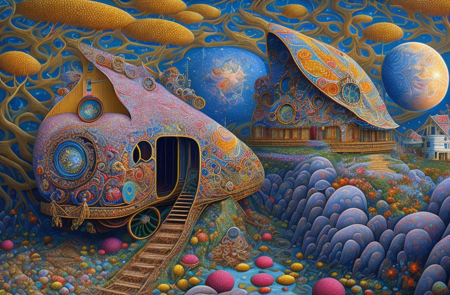 Colorful Surrealist Landscape with Train-like Object and Golden Fish Airships