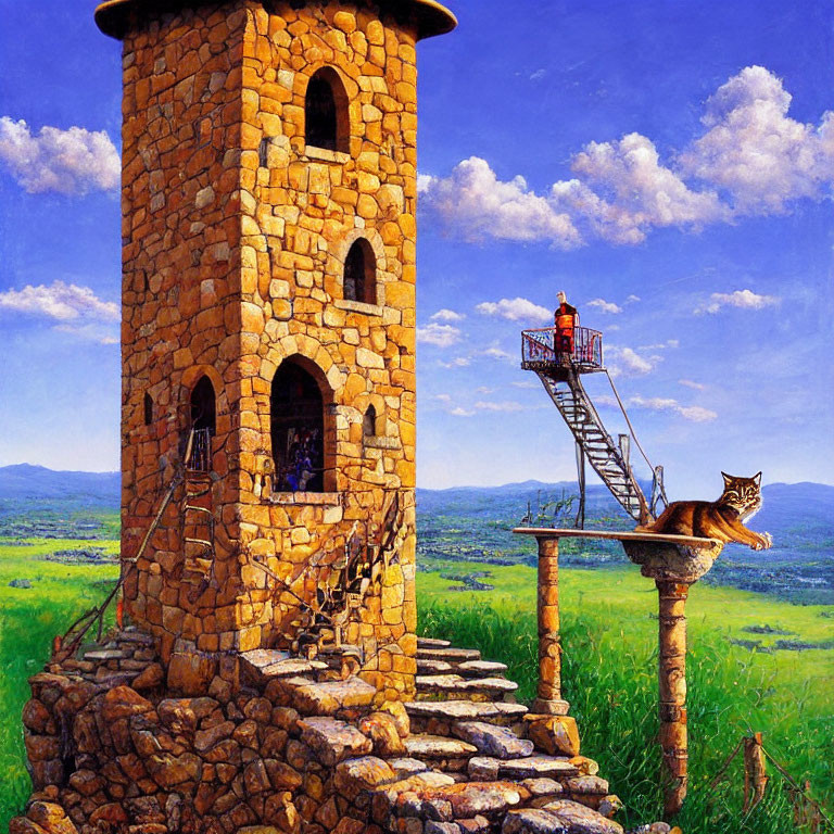 Whimsical painting of stone tower, cat, spiral staircase, and reading nook