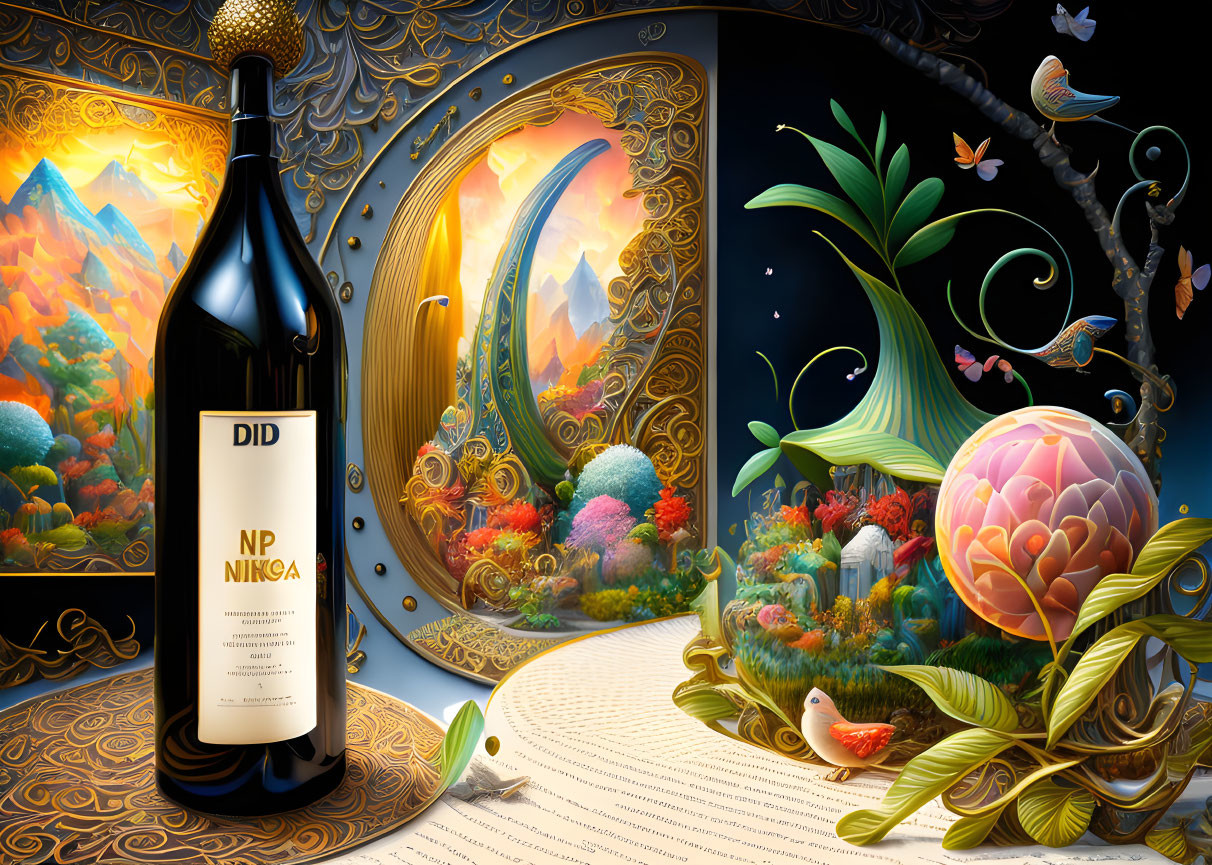 Whimsical artwork of large wine bottle in vibrant surreal landscape