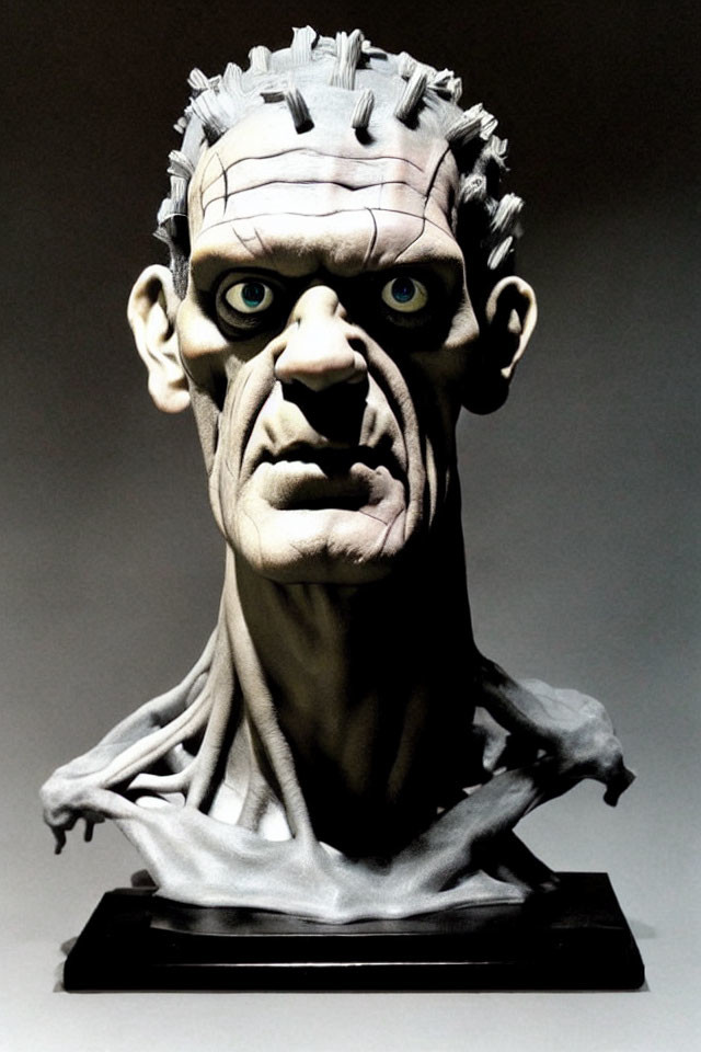 Detailed bust of Frankenstein's monster with prominent stitches and sunken eyes