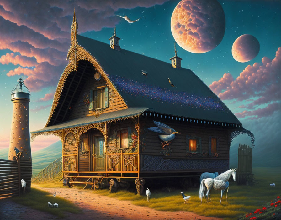 Illustration of Ornate Wooden House with Animals and Moons
