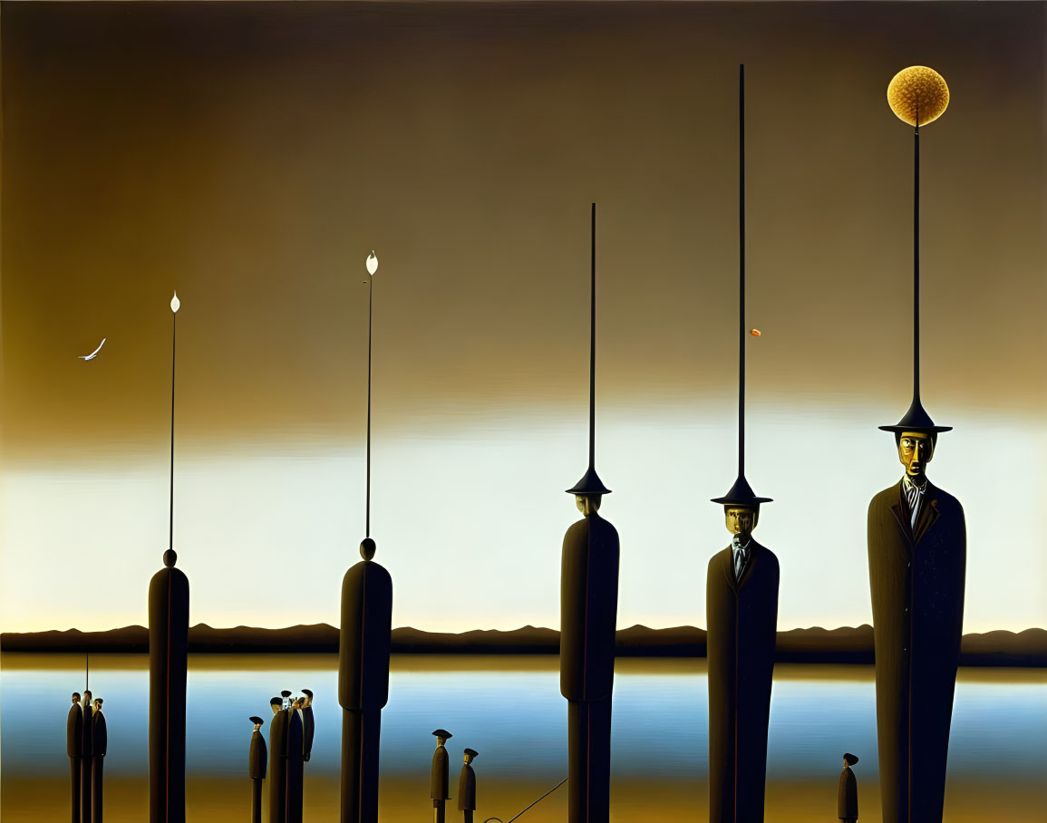 Surreal painting: Elongated figures in suits under a golden moon