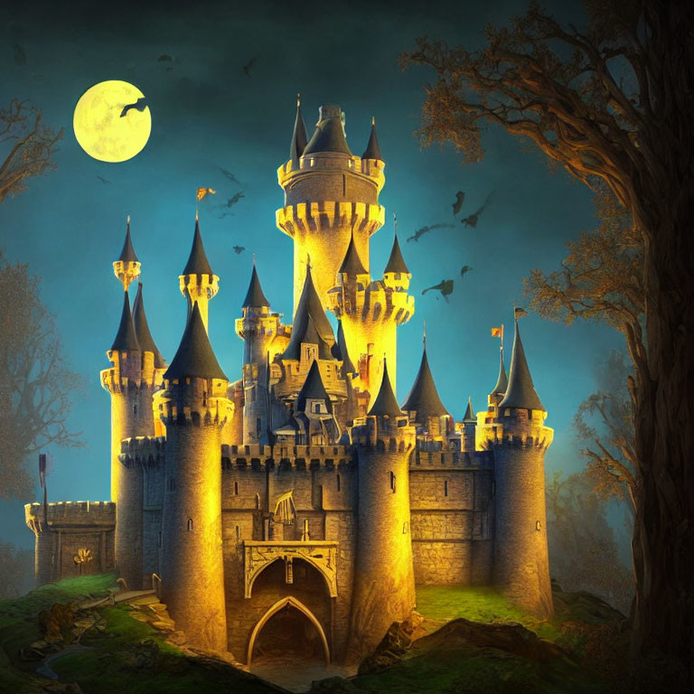 Enchanted castle at night with full moon in dark forest