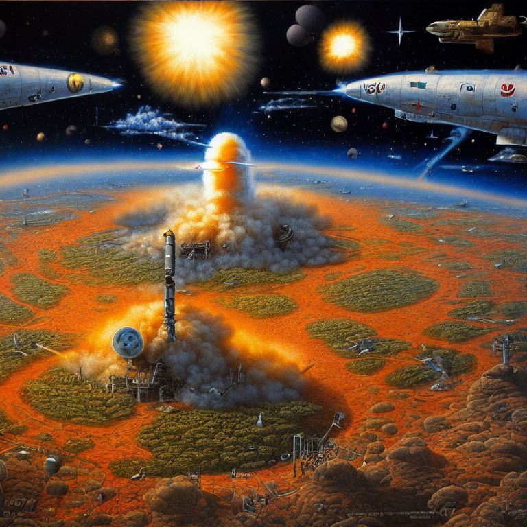 Sci-fi art: Space launchpad on alien planet with rockets and explosions