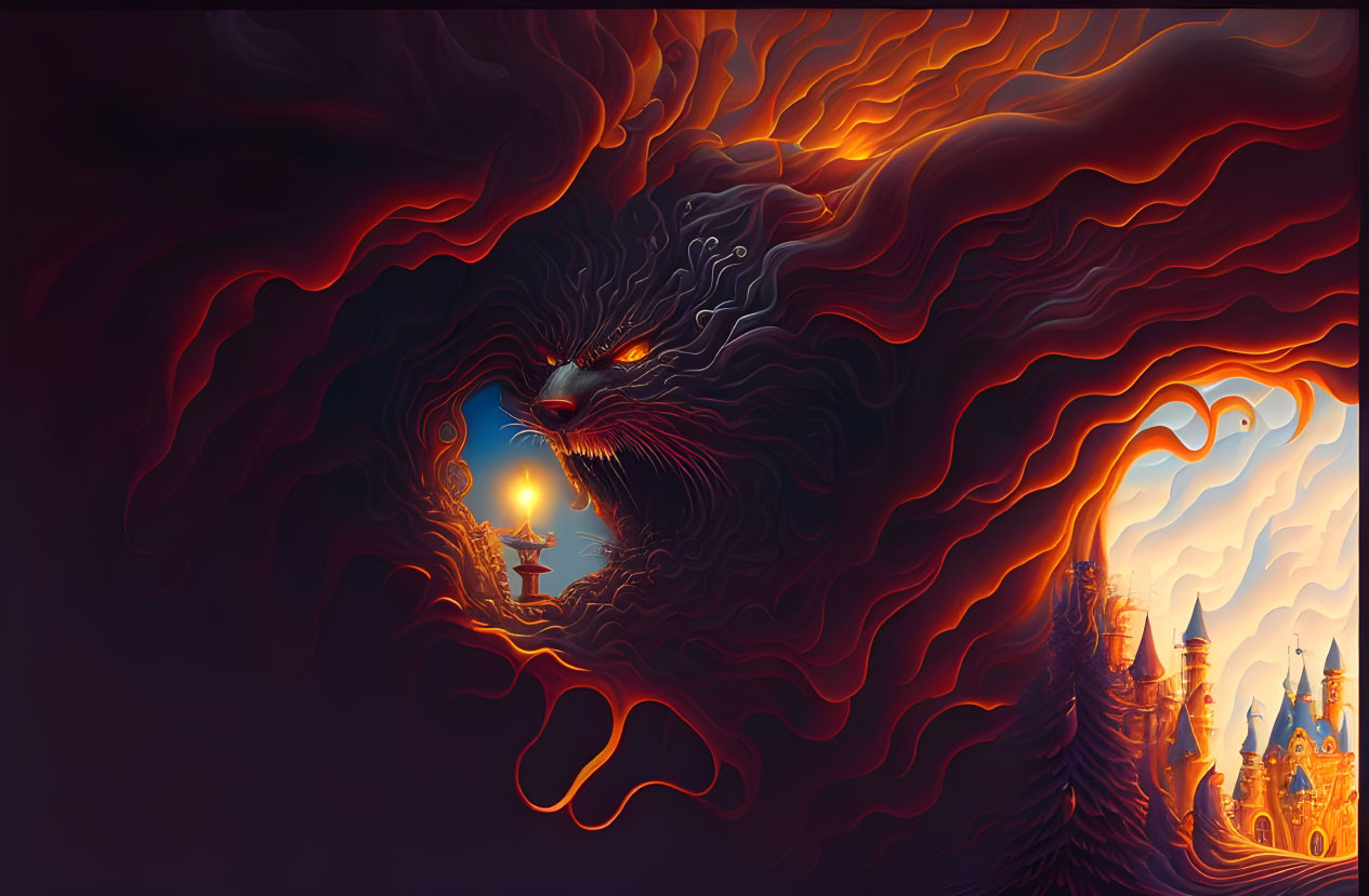 Fantasy artwork of phoenix with lantern, fiery wings, and glowing castles